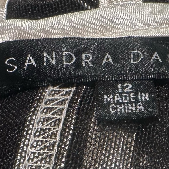 SANDRA DARREN MIDI Black Mesh Dress White Stripes Under-slip Included Size 12 - Picture 4 of 7